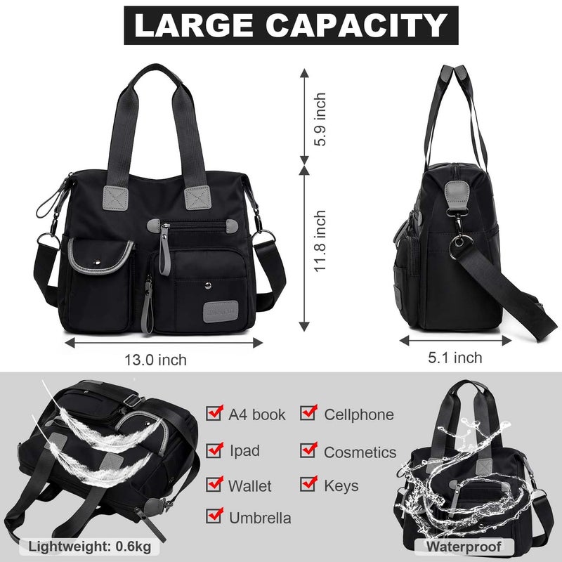 YouNuo Women Floral Star Top Handle Handbag Multi-pockets Nylon Nurses Totes Work Bags Water Resistant Travel Crossbody Shoulder Bag (Black) - Image 4